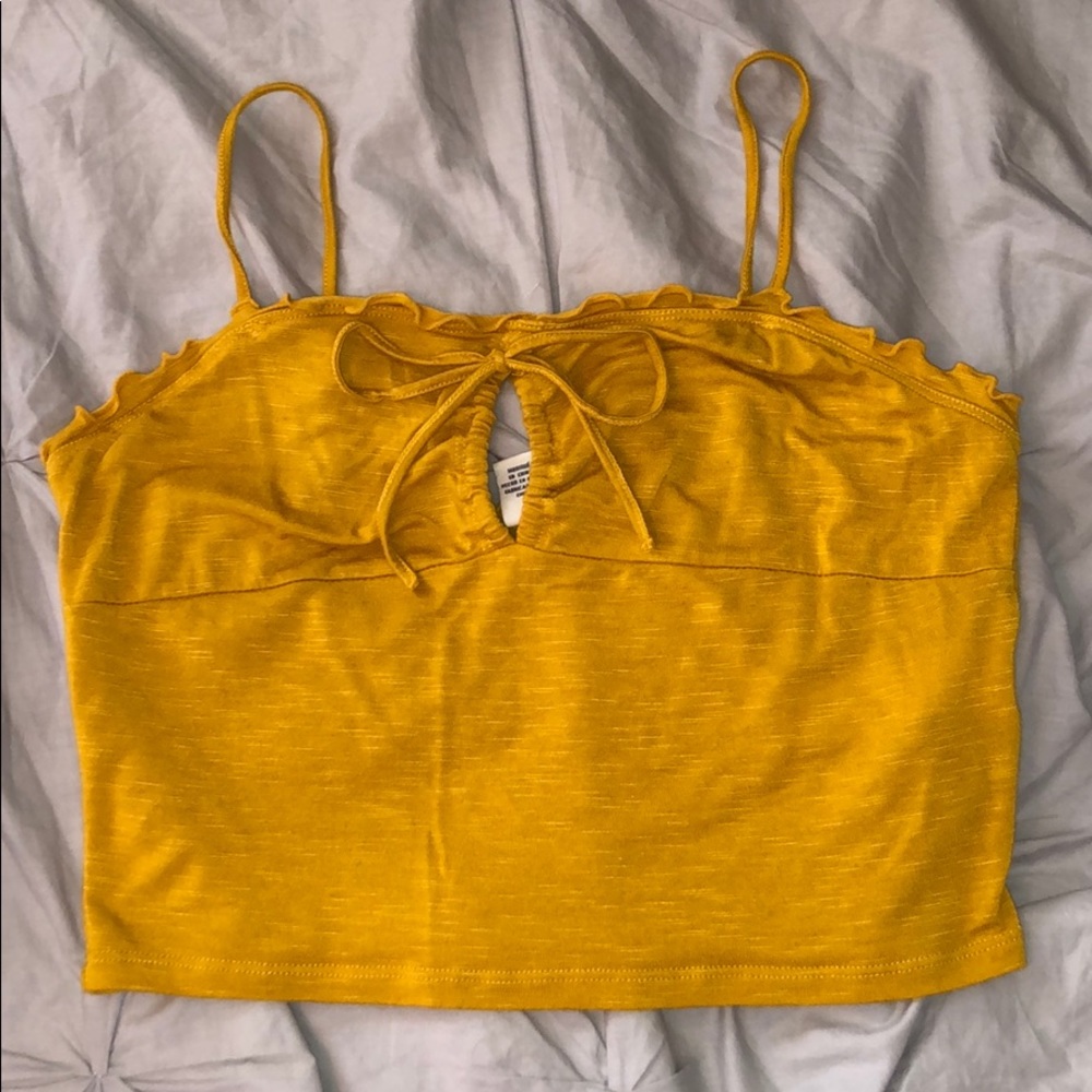 Forever 21 Mustard Lettuce Hem Keyhole Crop Top